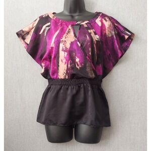 Rampage Satin Faux Wrap Top S Purple Black Boho Y2K Flutter Sleeve Smocked Waist